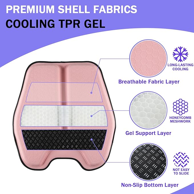 Soft Thin Gel Seat Cushion for Car Seat, Office Chair, Wheelchair, Stadium - Non-Slip Car Seat Cushions with 1 Inch Gel - Sciatica & Tailbone Pain Relief (Pink)