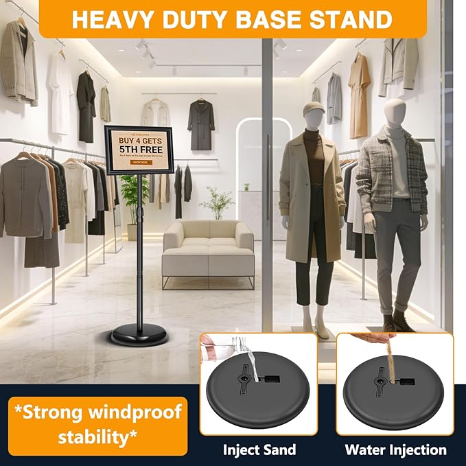 2 Pack Sign Holder Stand 8.5x11 inch, Height Adjustable Floor Standing Signage Stand with 360° Rotated Frame, Outdoor Indoor Poster Stand with Base for Business, advertising, Malls
