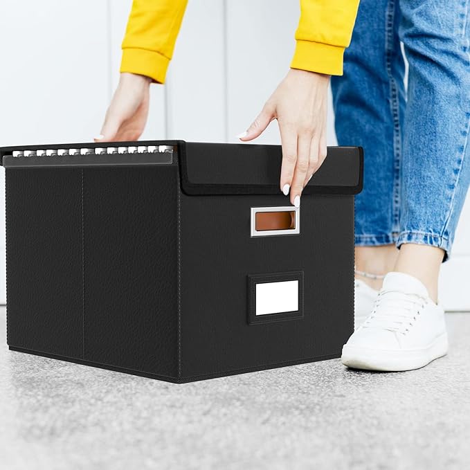 File Organizer Box with Lid, Collapsible Faux Leather Hanging File Folder Box Organizer with Plastic Slides, Decorative Home/Office Filing System Boxes for File and Folders Storage