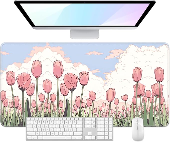 Desk Pad, 32" x 16" XXXL Extended Large Gaming Mouse Pad, Desktop Decor Desk Mat, Men Women Office Supplies and Accessories, Cute Anime Mouse Mat for Laptop & Keyboard, Pink Tulip