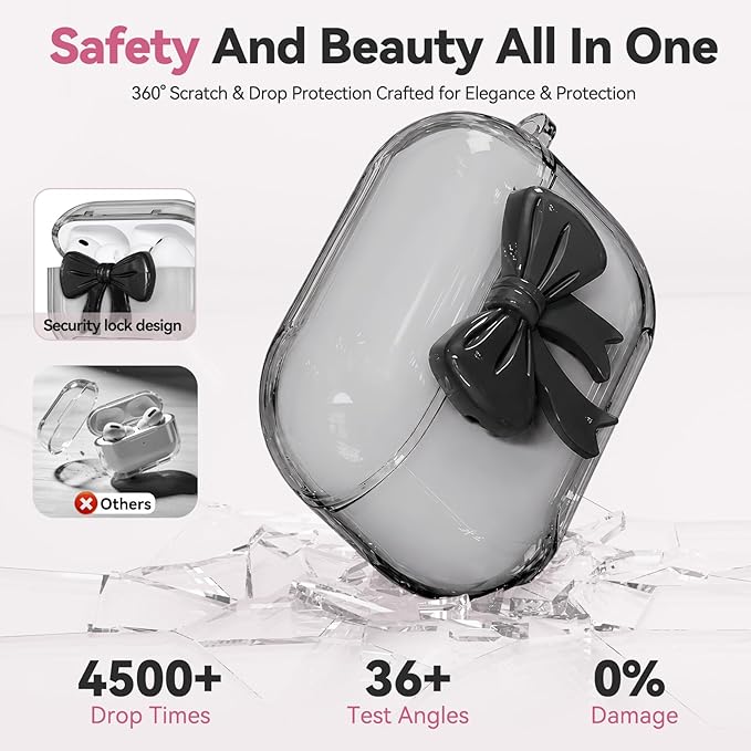 for AirPods Pro 3 Case 2025 with Safety Lock & Phone Stand, Cute Clear Pink 3D Bow Cover with Keychain & Cleaning Kit, Auto-Open TPU Protective Shell for AirPods Pro 3rd Generation Women Girls (Black)
