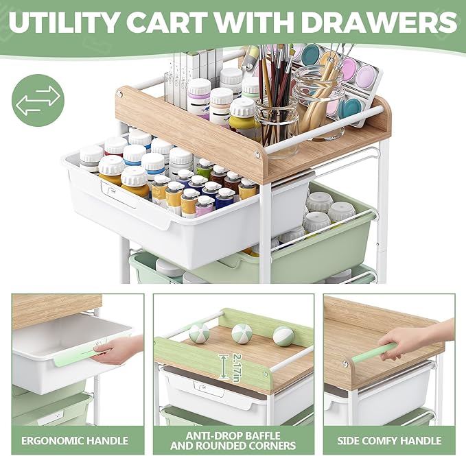 SYKIARIOL Rolling Storage Utility Cart with 4 Drawers,Kids Craft Art Cart,Makeup Organizer and Storage with Wooden Tabletop,Green