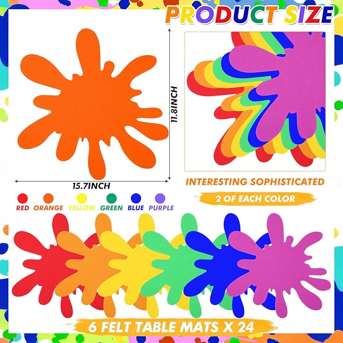 Tegeme 24 Pcs Large Paint Splatter Felt Art Colorful Mats, Rainbow Art Party Supplies Prop for Craft Wall Decal School Bulletin Board, Neon Paint Birthday Party Table Decoration (Classic,Rainbow)