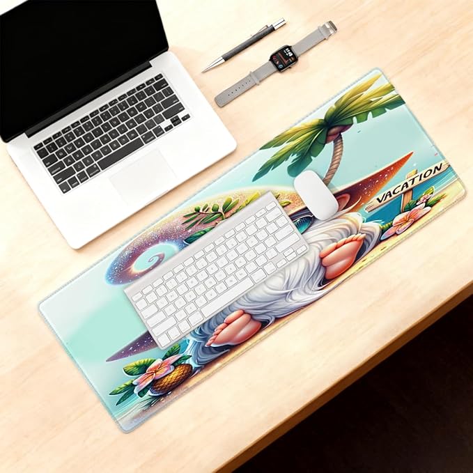 Large Mouse Pad Summer Beach Gnomes Non-Slip Rubber Long Gaming Desk Mat Big Computer Keyboard Mousepad Waterproof Protector Wristing Pad for Gaming Office Home Decorative 31.5 X 11.8 Inch