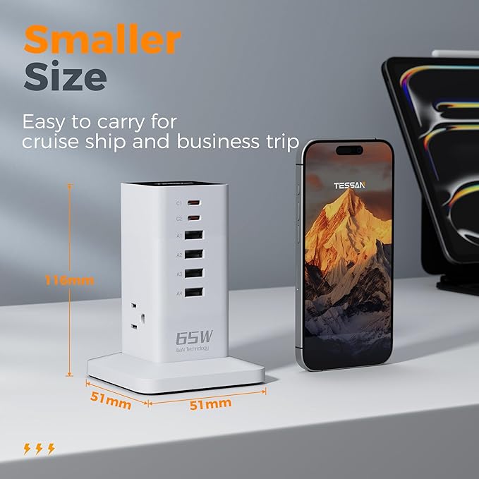 Charging Station for Multiple Devices, TESSAN 9-in-1 USB C Power Strip for iPhone 17/16/15, MacBook, Tablet, Desktop Phone Fast Charger with 3 AC, USB Charger, Home Drom Office Accessories, White-65W