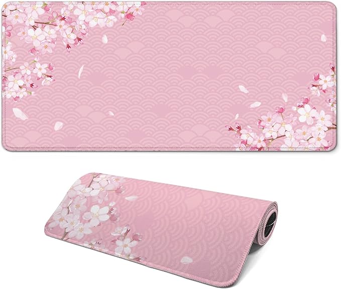 Gaming Mouse Pad with Anti-Slip Rubber Base, Extended Large Computer Mouse Mat with Stitched Edges, Long XL Anime Mousepad for Laptop and Keyboard, 31.5 x 11.8 inch (Pink Cherry Blossom)