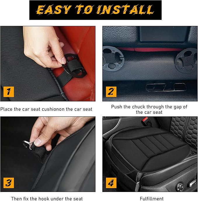 povtii Car Seat Cushion with Front Pocket, Non-Slip Bottom Cushion for Car Driver Office or Home Chair, Breathable Pressure Relief Seat Pad with Memory Foam, Car Accessories (Black)