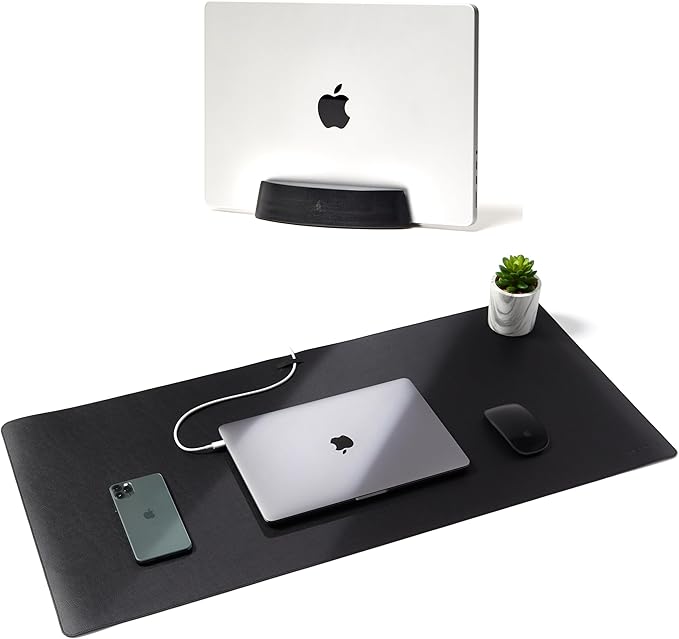 Black Leather Desk Mat and Black Vertical Laptop Stand - Black Monochrome Work from Home Laptop Set