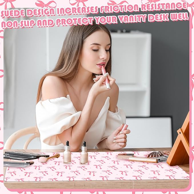 FYSUIMU Coquette Bow Makeup Mat Dual-Sided Leather Desk Pad Waterproof Pink Bow Makeup Table Cover for Vanity Top Protector Countertop Decor, 15.7 x 31.5 in