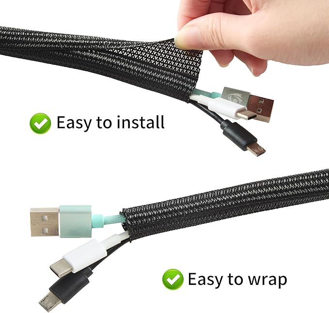 Split Wire Loom 3/8 Inch 25ft, Braided Cable Sleeve for Cable Management, Cord Protector for Pets, TV, Desk & Automotive, Black