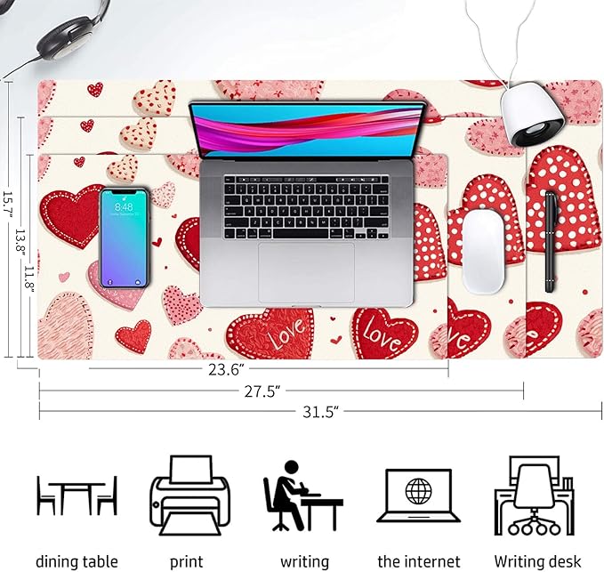 Valentine Desk Mat, Cute Love Heart Large Mouse Pad for Desktop, PU Leather Waterproof Desk Pad, Computer PC Laptop Protector Gaming Mouse Pads Valentine's Day Gifts for Her Him (31.5" x 15.7")