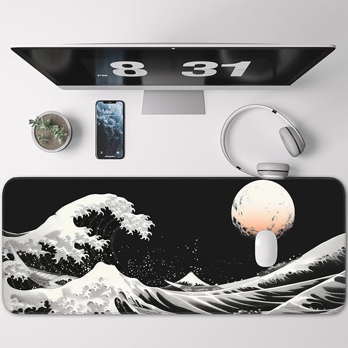 Gaming Mouse Pad, Japanese Mouse Pad, Non-Slip Rubber Base, for Laptop, Office and Home, 31.5x11.8 Inch Desktop Waterproof Desk Pad, Ocean Wave Anime Black Gaming