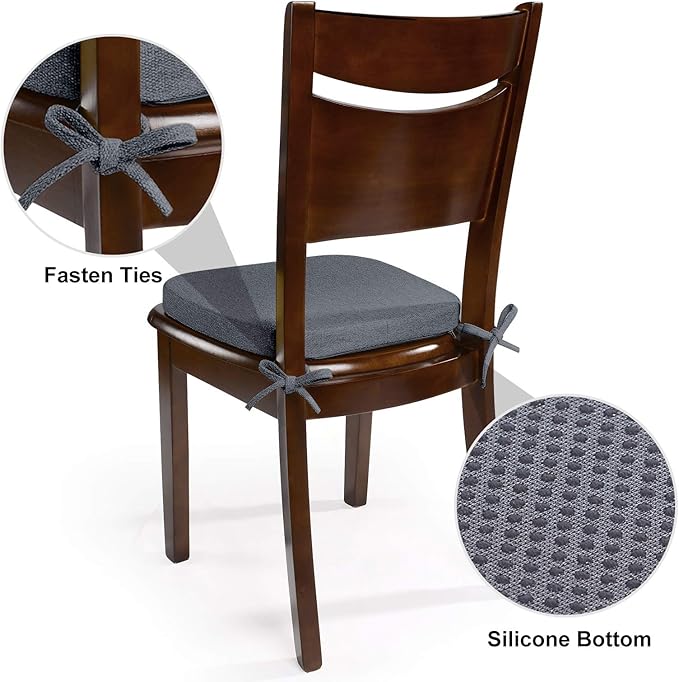 Shinnwa Seat Cushions for Kitchen Chairs, Non Slip Dining Chair Cushion with Ties, 15 x 15.5 inches, Dark Gray