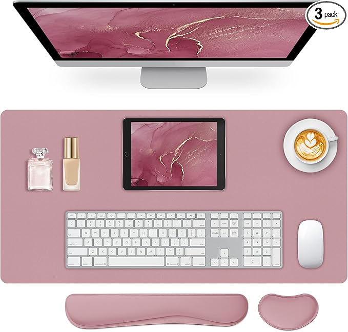Mouse Pad and Keyboard Wrist Rest, 3-in-1 Large Keyboard and Mouse Pad Set, Ergonomic Wrist Rest for Computer Keyboards, Non-Slip Desk Mat Protector for Women (Purple Pink, 31.5" X 15.7")