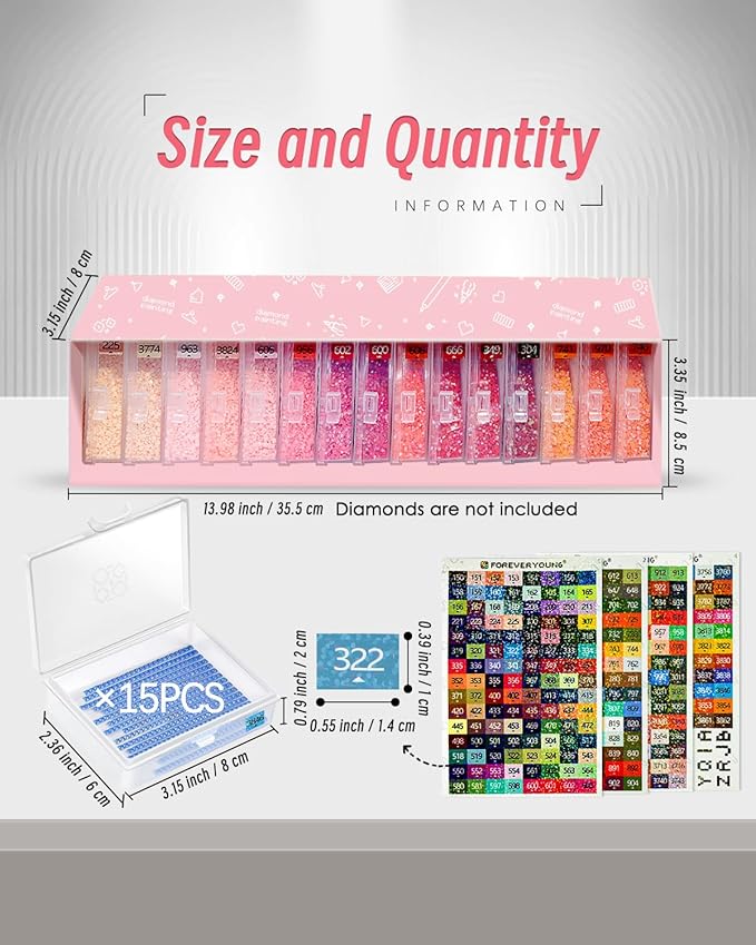 forever young Diamond Art Storage Containers Trays & Stand, 15 PCS Diamond Painting Trays with Lids for Adults & Hobbyists, 2-in-1 Organizer for Bead Sorting & Organized Workspace (Boxed Set)
