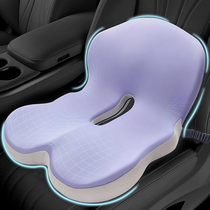 Memory Foam Seat Cushion for Sciatica & Back Pain Relief - Ergonomic Chair Pad with Adjustable Strap & Supportive Comfort Cover, Non-Slip for Car, Truck, Office Chair -Purple