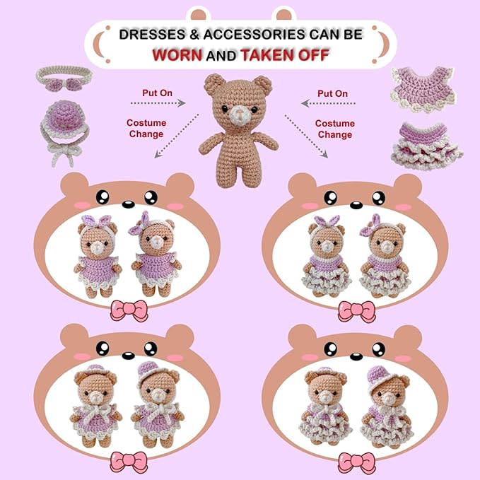 LoopMap Amigurumi Crochet Kit for Beginners with Removable Dress & Video Tutorials, DIY Bear Making Kit Includes Premium Yarn & Tools, Creative Gift for Adults Teens (Purple)