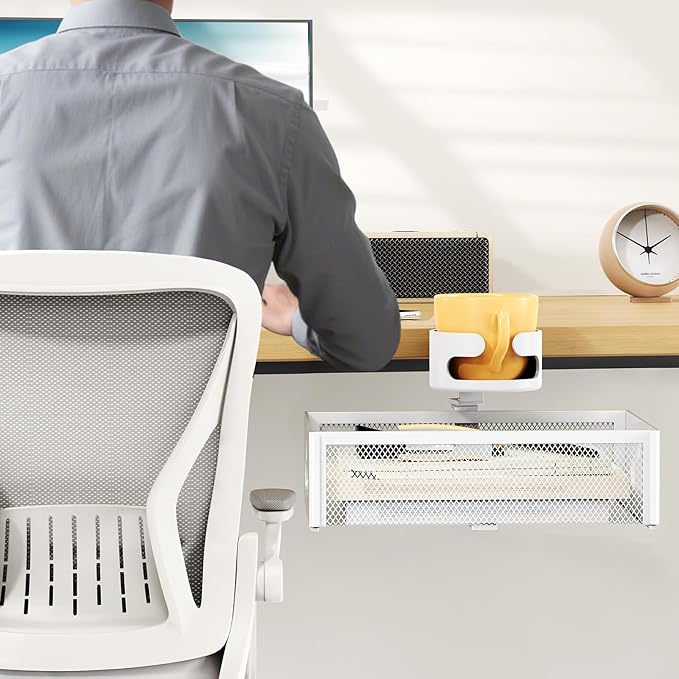CABTE Desk Cup Holder with Drawer Organizer, Anti-Spill Clip-On Table Cup Hook with 360° Rotation Hidden Storage Box for Office Home Gaming Table (White)