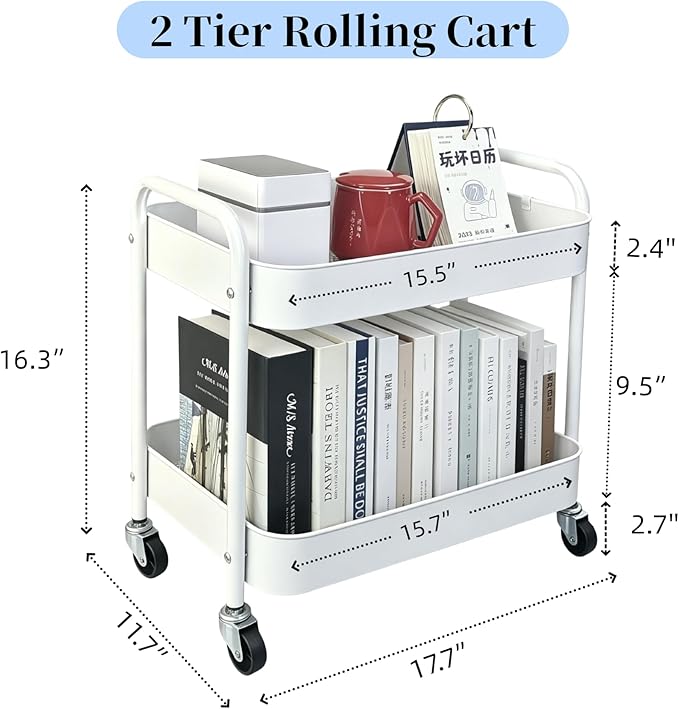 2 Tier Metal Rolling Cart with Wheels for Under Desk Storage & Pantry Storage, High Load-Bearing Kitchen Utility Cart for Small Space, Laundry Room Organization Side Table with 4 Hooks, White