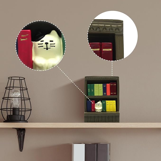 RAQWI Cute Mini Cat Bookshelf Statue, Tiny Bookcase Ornament for Living Room, Bedroom, Office Shelf Decor, Adorable Gift for Cat Moms, Readers, Miniature Collectors