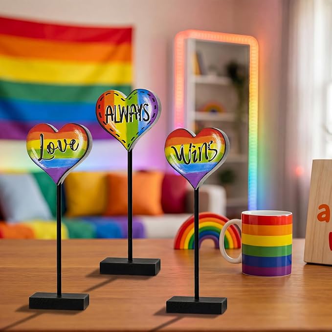 Smile LGBTQ+ Pride Wooden Tabletop Sign Love Always Wins Rainbow Heart Desktop Plaque with Stands Indoor Decor for Pride Month, Home & Office Gay Pride Gift