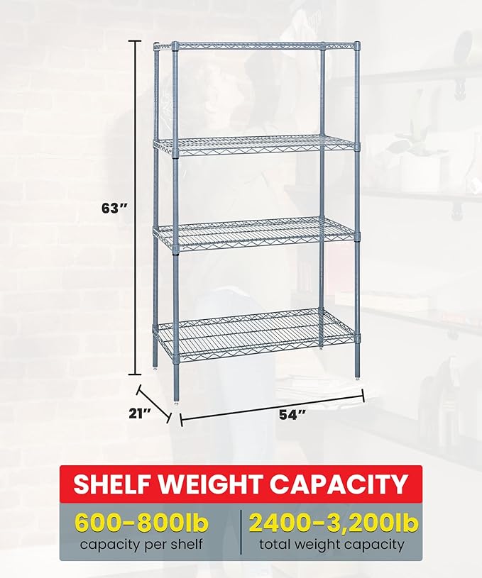 Quantum Storage Systems WR63-2154GY Wire Shelving 4 Shelf Wire Starter Units, 21" x 54" x 63", Gray Epoxy