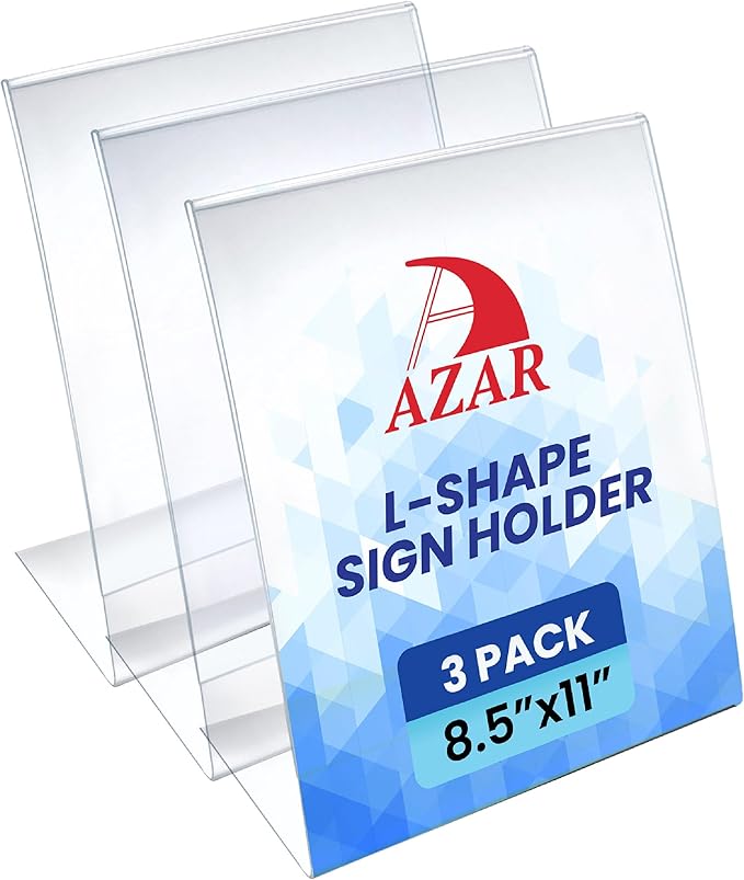 Azar 223238-3PK Anti-Glare Matte Clear Acrylic Sign Holders 8.5”W x 11”H – Portrait L-Shaped Frame for Tabletop, Counter Display – Side Loading, Durable Plastic Picture or Menu Frame (Pack of 3)