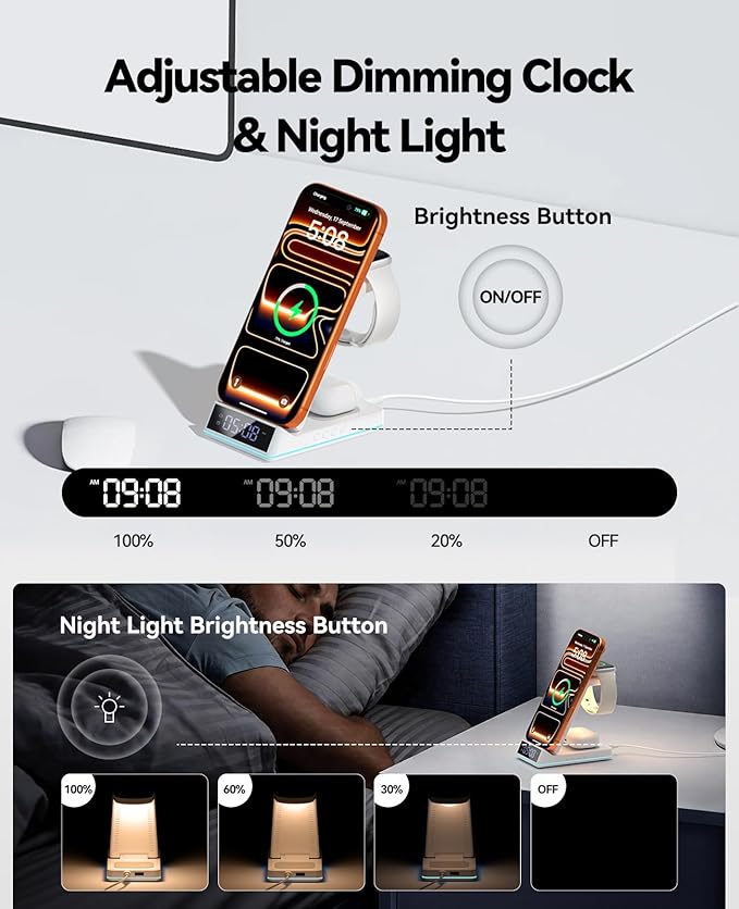 2026 Upgraded Wireless Charging Station, 7 in 1 Wireless Charger Station Foldable Charger Stand with Night Light/Alarm Clock for iPhone 17 16 15 14 13 12 Pro Max Plus, Apple Watch, AirPods 4/3/2/Pro