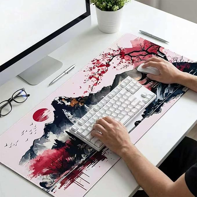 Japanese Cherry Blossom Gaming Mouse Pad 31.5x15.7in Full Desk Japanese Sakura Super Thick Mousepad Non-Slip Rubber Base Waterproof Keyboard Mat with Stitched Edges for Office 800X400X4mm