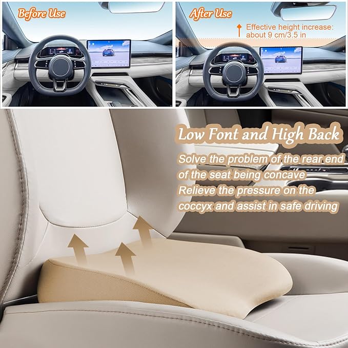 2 in 1 Wedge Car Cushions or Lumbar Support for Driving - 3.5 Inches Soft Memory Foam Driver Seat Cushion for Car Truck - Comfort Coccyx Cushion for Tailbone & Back Pain Relief, Beige