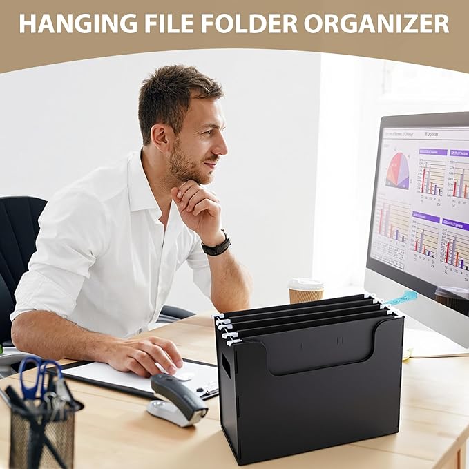6 Pcs Portable Desktop File, Side Handles, Filing Organizer, Hanging File Folders, Letter Size for Schools Office Home (Black)