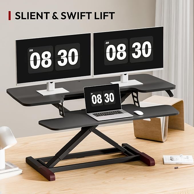 SANODESK 40" Desk Converter, Height Adjustable Sit to Stand Riser, Dual Monitor and Laptop Workstation with Wide Keyboard Tray, Modern Minimalist Design, Black