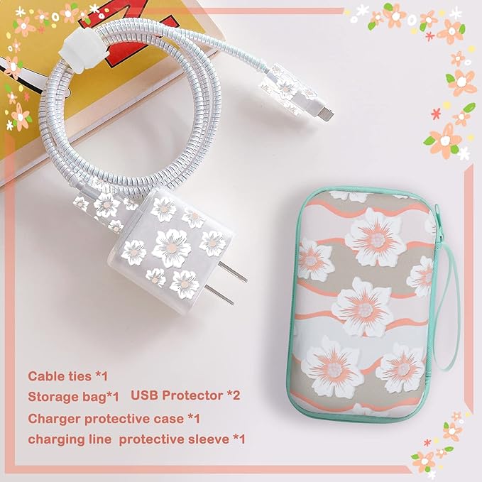 Cute Floral Phone Charger Storage Case Cover Set White Camellia Flowers Design Travel Carrying Bag with Cable Protector Cord Organizer, Lightning Cable Chomper,Charger Saver Compatible for iPhone