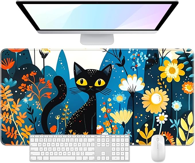 Desk Pad, 32" x 16" XXXL Extended Large Gaming Mouse Pad, Desktop Decor Desk Mat, Men Women Office Supplies and Accessories, Cute Anime Mouse Mat for Laptop & Keyboard, Colorful Flower Cat