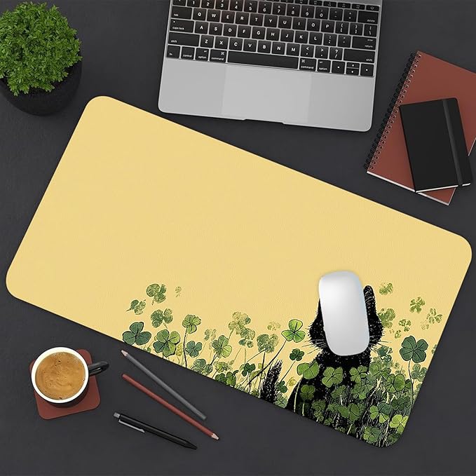 Clover Mouse Pad PU Leather Black Cat Desk Mat Large Waterproof Gaming Pad Non-Slip Keyboard Mouse Pad Writing Pad for Gamer Office&Home