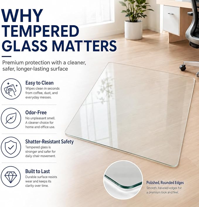 48 x 72 Inch Glass Chair Mat, 1/5 Inch Thick Tempered Glass Office Chair Mat for Carpet and Hardwood Floors, Heavy Duty Clear Desk Floor Protector with Rounded Corners and 8 Non-Slip Pads
