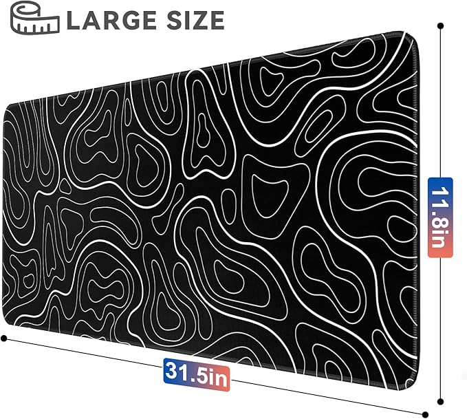 Gaming Mouse Pad Big Mousepad with Non-Slip Rubber Base, 31.5 x 11.8 in XL Large Desk Mat for Gaming Home Office, Long Keyboard Pad Mouse Mat for Computer with Stitched Edges, Black Topographic