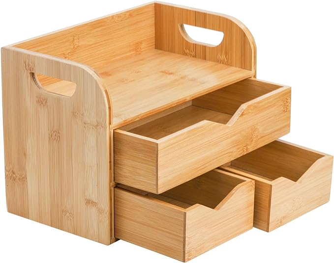 Hacaroa 3 Tier Bamboo Desktop Organizer with 3 Drawers, Tabletop Craft Box Cosmetic Storage Drawer with Handle, Portable Desk Letter Mail Sorter for Office Supply, Toiletries