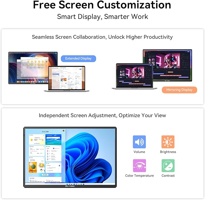 Blackview 16.1" Portable Monitor for Laptop, 1200P FHD Laptop Screen Extender, 360° Rotating Detachable Magnetic Stand, Plug & Play with HDMI/USB-A/Type-C, Extra Monitor for Windows/Mac/Linux/Android