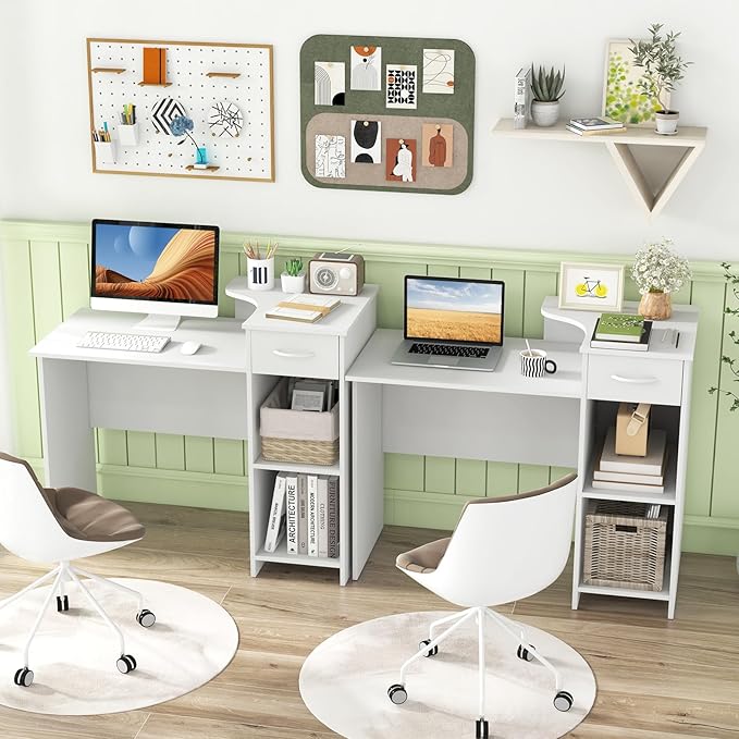 Giantex Computer Desk with Storage, Modern PC Laptop Table with 5-Position Adjustable Shelf, Drawer & Cable Hole, Compact Study Writing Desk Workstation for Small Spaces Home Office, White