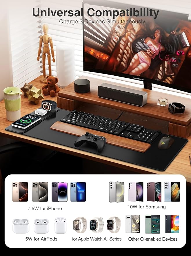4-in-1 Mouse Pad with Wireless Charging for Phone/AirPods/Apple Watch, 31.5"x15.8" Large, Waterproof Smooth Surface, Non-Slip Base, with Adapter