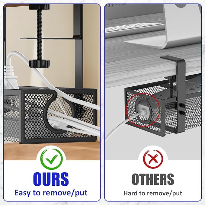 REFLYING Under Desk Cable Management Tray, Metal Long Arms (3.9in), No Drill Mesh Cable Tray, Wire Organizer, 1 Pack, Black