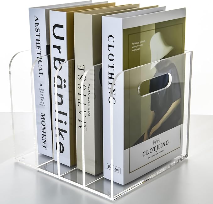 Acrylic File Holder for Desk - 4 Slot Vertical Magazine Organizer & Bookend - Clear Document Sorter Rack for Folders, Binders, Notebooks & Reports - Non-Slip Office Desktop Storage Sorter