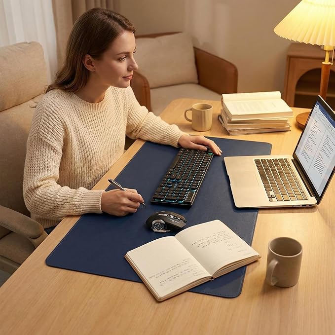Desk Mat 22.85'' x 35.07'', PU Leather Desk Pad Protector, Non-Slip Mouse Pad for Desk, Waterproof Computer Desk Mat, Office Desk Pad for Keyboard Mouse, Desk Writing Mat (Dark Blue)