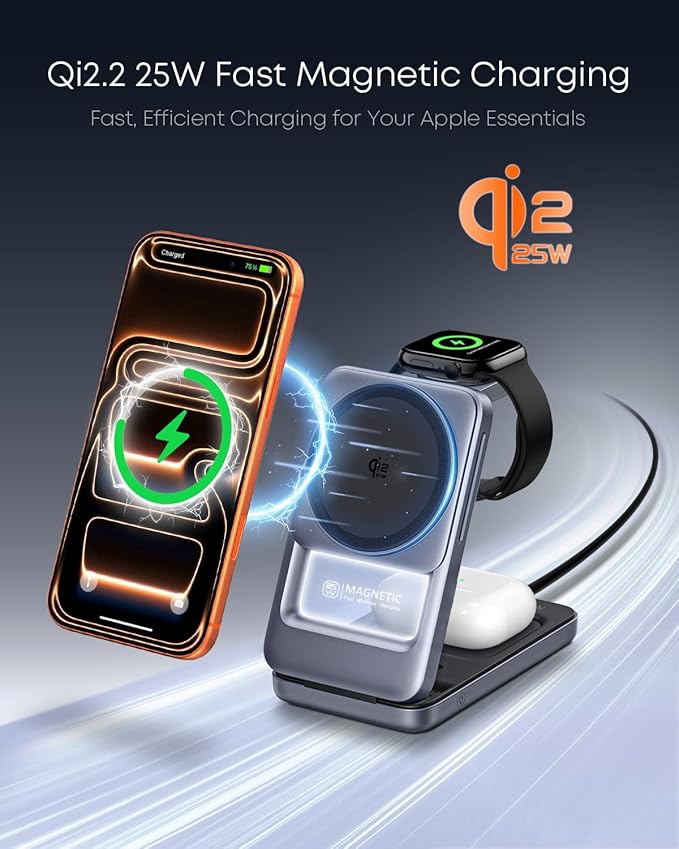 Qi2.2 25W 3-in-1 Foldable Magnetic Wireless Charging Station with 2-Level Night Light, Phone Charger Stand Compatible with iPhone 17/16/15/14/13/12, Apple Watch & AirPods, 45W Adapter Included