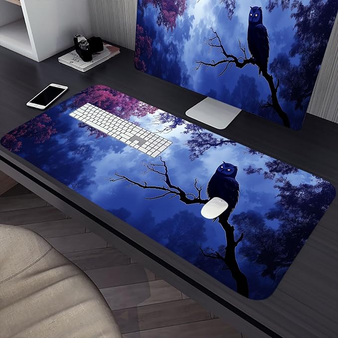 Owl Desk Mat Forest Dark Mysterious Purple Bird Animal Extended Gaming Mouse Pad Mat with Stitched Edge Non-Slip Base Big Mouse Pad 31.5"x11.8" Office Computer Keyboard Laptop Home
