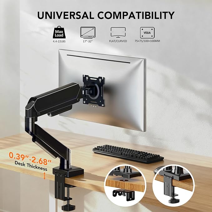 Single Monitor Mount, Gas Spring Arm for 17-32 inch Screens Adjustable Monitor Stand, Vesa Mount Stand with Clamp and Grommet Aluminum Base - Fits 4.4 to 22lbs LCD Computer Monitors HD09B-001