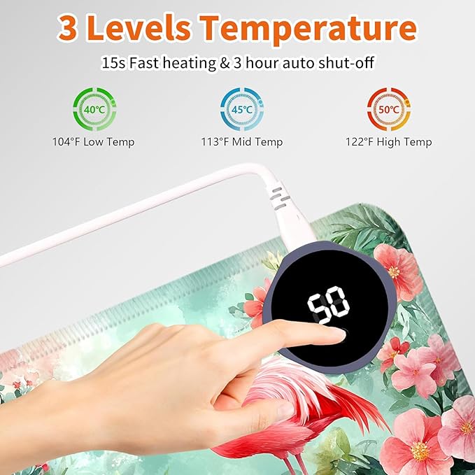 Heated Mouse Pad,Warm Desk Pad with 3 Levels Heating & 3 Hours Auto Shut-Off, PU Leather Heated Desk Pad Warmer Pad for Home Office - 23.6 x 14.2 inch,Beautiful Flamingos