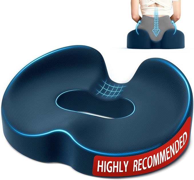 TushGuard Ergonomic Donut Pillow Seat Cushion with Raised Rear Support, Large Memory Foam Cushion for Tailbone, Hemorrhoids & Sciatica Relief, Office Chair, Car, Travel, Postpartum, Blue