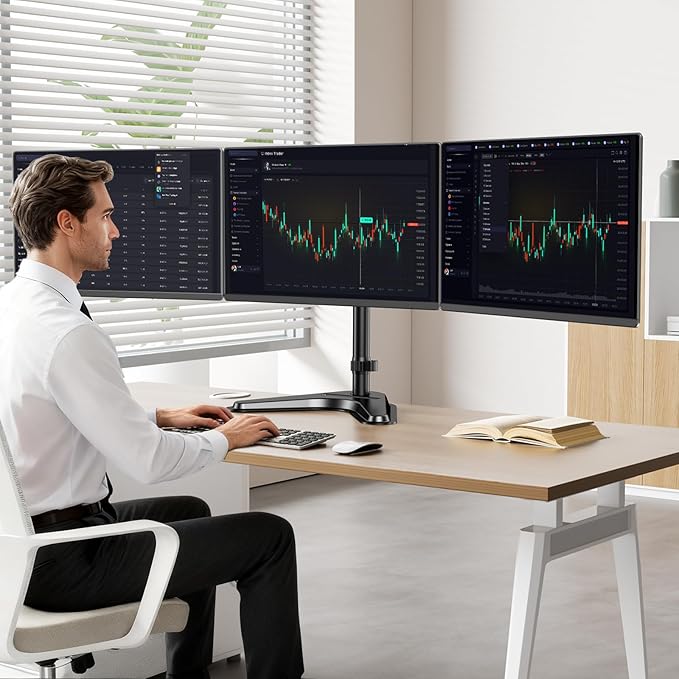 Triple Monitor Stand, Full Motion Adjustable Arm Fits 3 Screens up to 27 inch, Free Standing Desk Stand with Base and Cable Management, 22 lbs Weight Capacity per Arm, 75/100 mm VESA, Black
